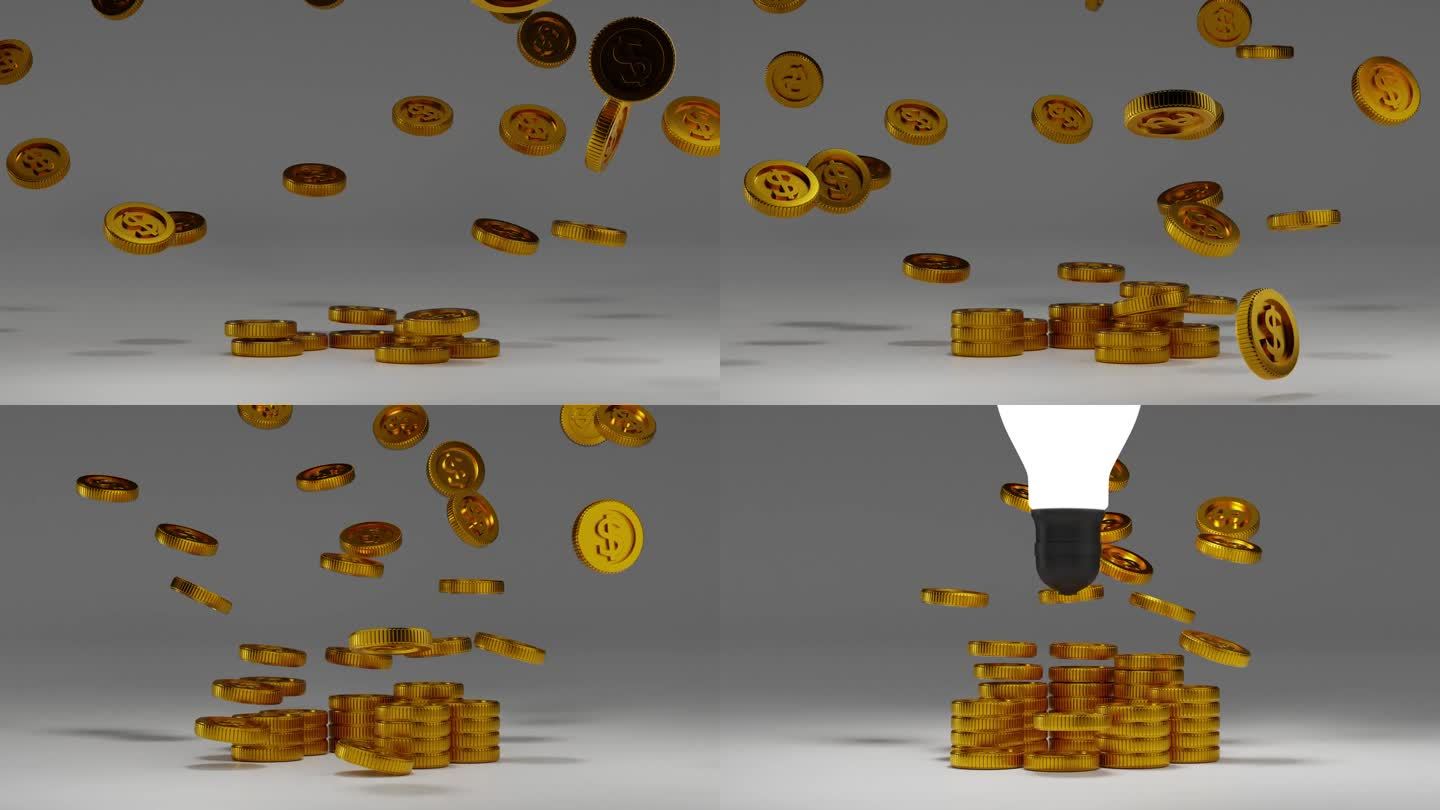 灯泡用飞舞的金币排列金币库存，得到赚钱的想法，视频4K 3D渲染。