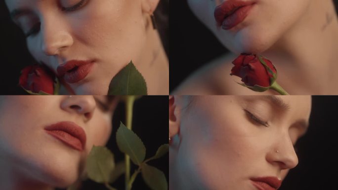 美丽性感的女人与红色的口红工作室拍摄的姿势亲吻一朵红玫瑰和调情的镜头