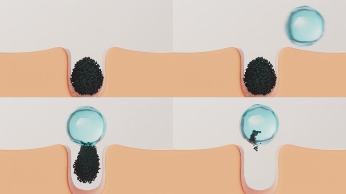 清洁毛孔堵塞。皮肤层水清洁，3D动画疏通毛孔。护肤概念。