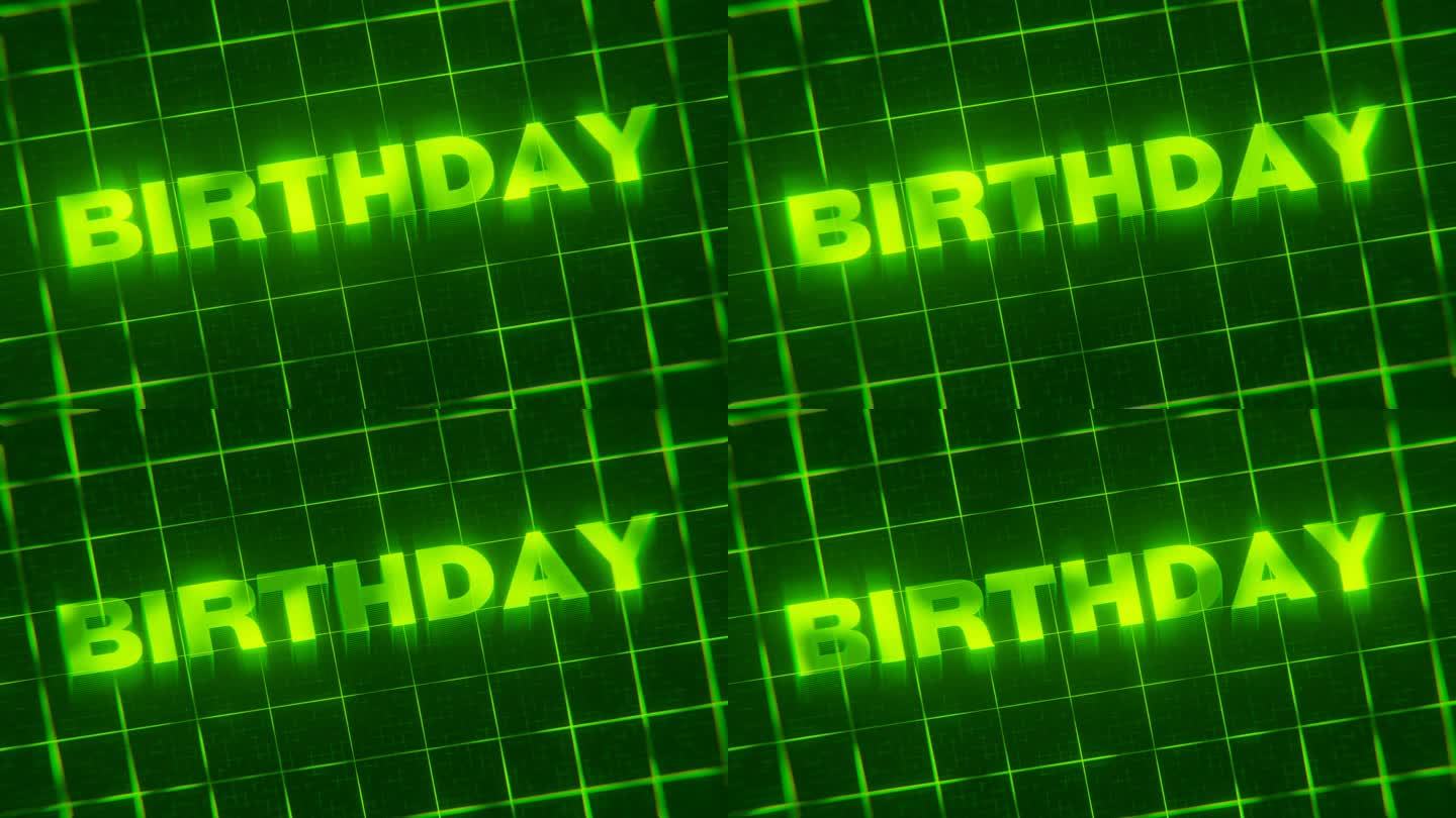 3d渲染的循环动画的霓虹字生日隔离在一个绿色的网格