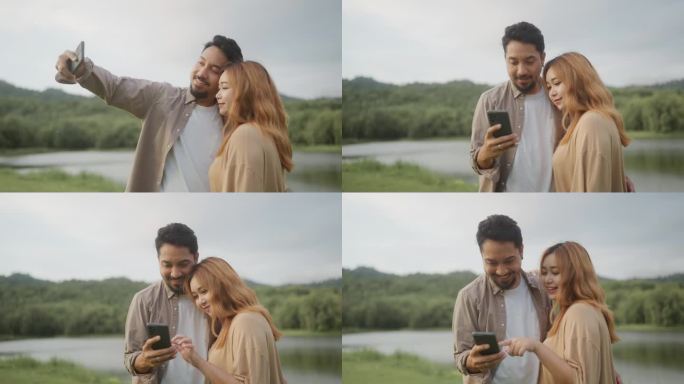亚洲父母在看智能手机上的照片
在湖边的背景下自拍之后。