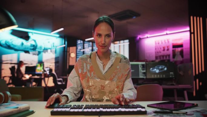 从监视器屏幕的视角:一个女人在霓虹灯照亮的创意机构使用台式电脑的肖像。从事艺术数字项目、浏览互联网或