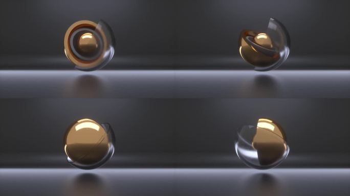 最小的3d运动设计，金色的球隐藏在透明的玻璃和金色的半球，打开层。抽象的几何物体，漂浮着。实时图像，