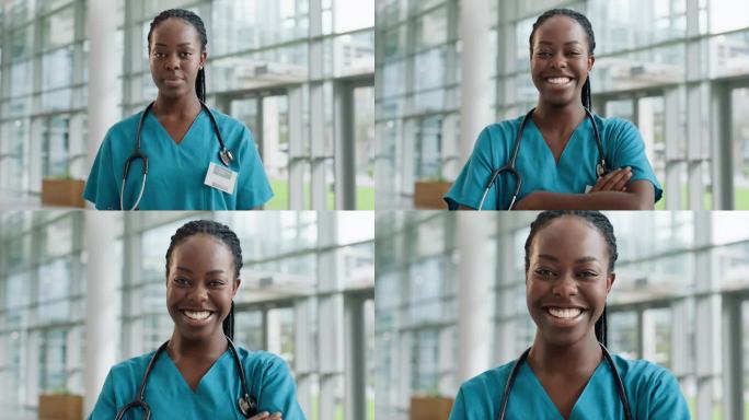 脸，黑人女性和医生带着微笑，事业和自信带着信任，工人和外科医生。肖像，人和医院的医疗专业人员，制服和