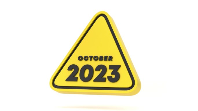 黄色三角形警告形状和2023年10月日历