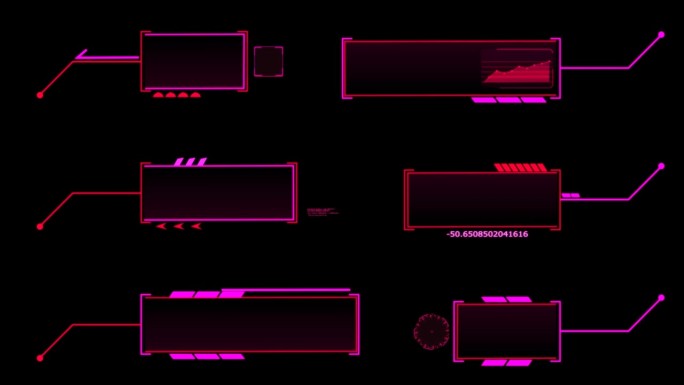 Callout未来hud动画数字红色调粉红色辉光六个包在黑色屏幕上