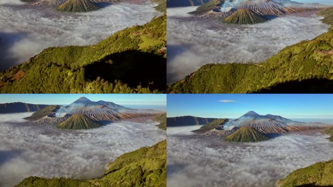 无人机的鸟瞰图向前飞行并倾斜显示背景中的Bromo火山，印度尼西亚东爪哇