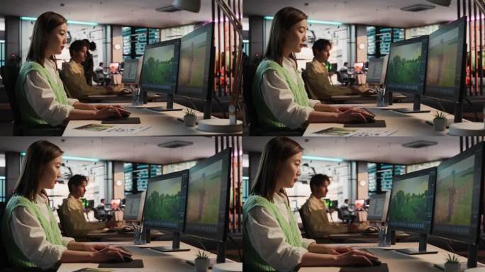 亚洲女性使用台式电脑和设计在3D建模软件独特的世界和角色的生存电子游戏在不同的办公室。女性游戏设计师
