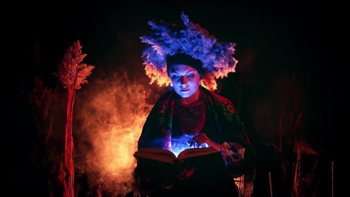 乌克兰女女巫晚上在芦苇丛中阅读魔法蒸汽书。传统的服装。女士会召唤，会施法。魔术师学习仪式，深奥的万圣