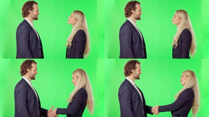 商务人士，合作伙伴和握手在绿色屏幕上的工作室孤立的背景。握手，交易和快乐的男人和女人的协议，谈判或欢