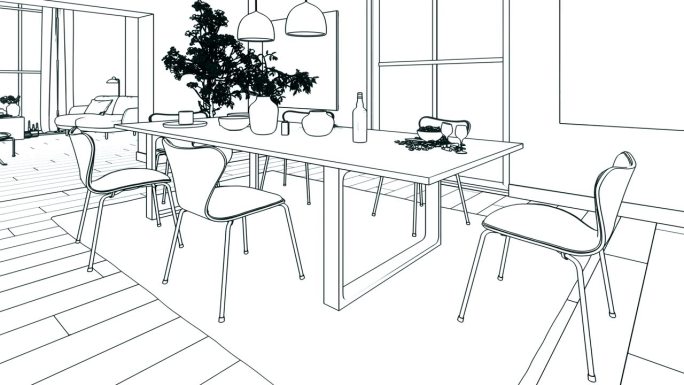 室内房间与桌子，椅子，和窗口视图-可循环的3D可视化