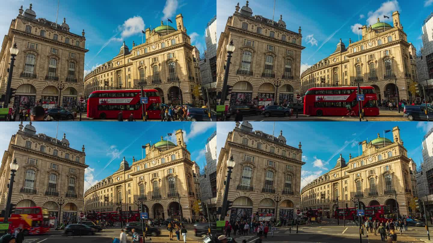 英国伦敦摄政街和皮卡迪利广场拥挤的通勤旅游步行和观光购物的延时镜头