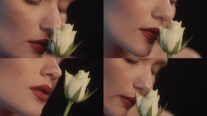 美丽的感性的女人与红色的口红黑色背景工作室拍摄的姿势与一个单一的白玫瑰。闻花香