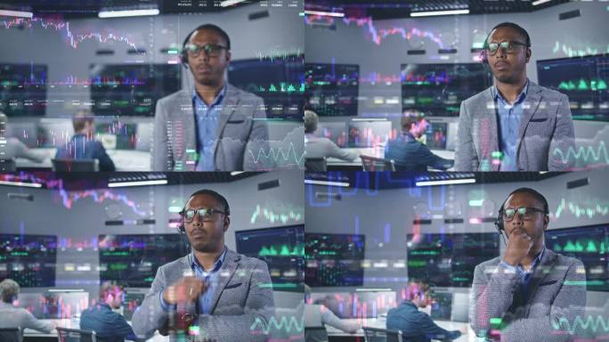 投资专家分析实时股票在办公室。视效动画。