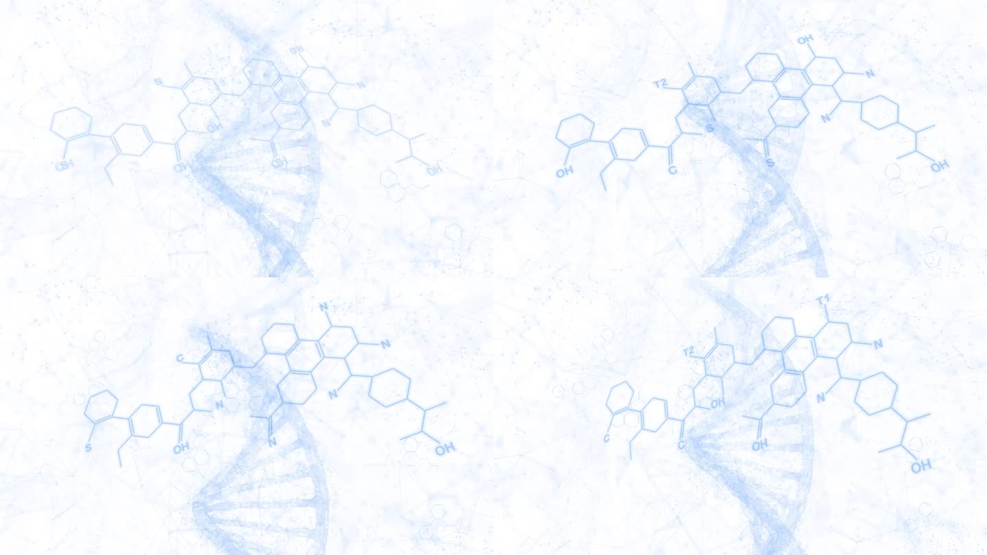 摘要现代化学六角键分子和dna链旋转白色动画背景。