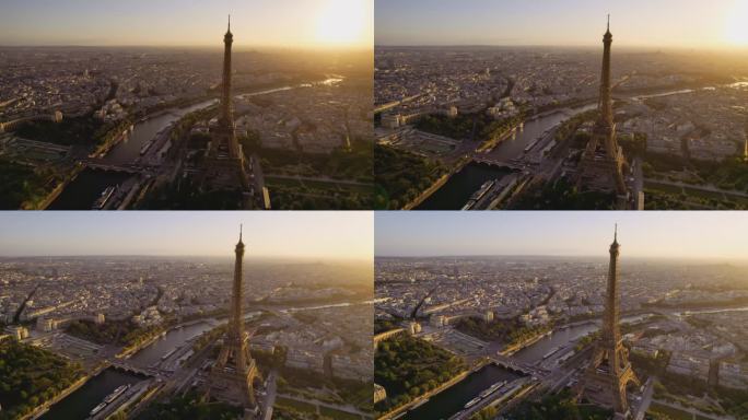 鸟瞰巴黎，太阳从埃菲尔铁塔后面升起，法国。电影4 k。