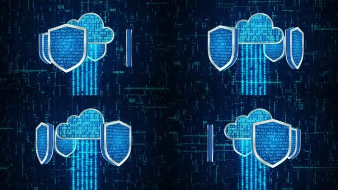 3D 4屏蔽带加密数据绕云系统旋转带蓝色二进制码，数据上传到云系统带保护，隐私安全保护网编码解码在线