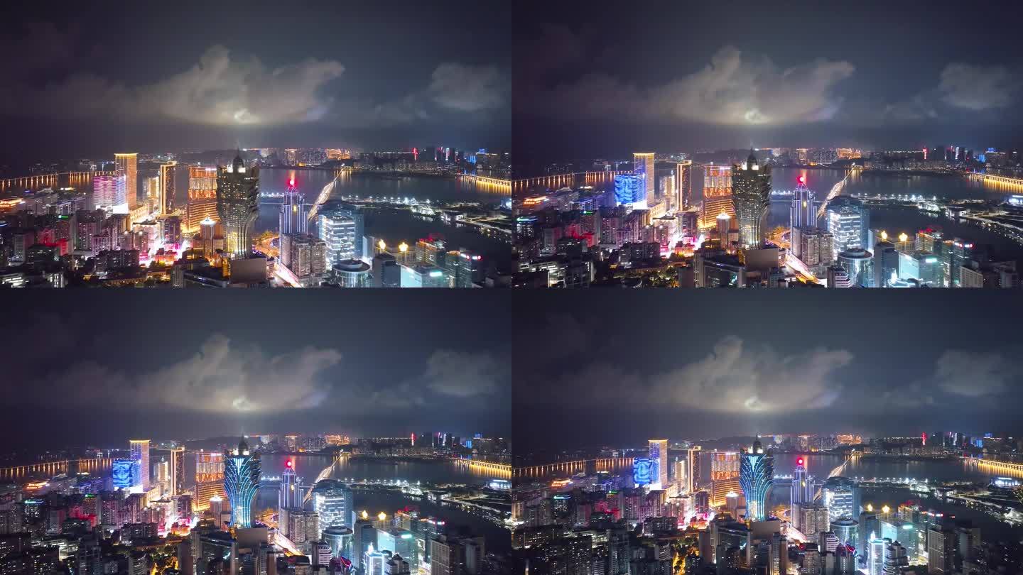 澳门夜景鸟瞰图。新葡京中国银行澳门夜景