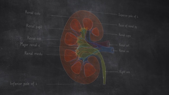 三维人体肾脏解剖手绘在黑板上
