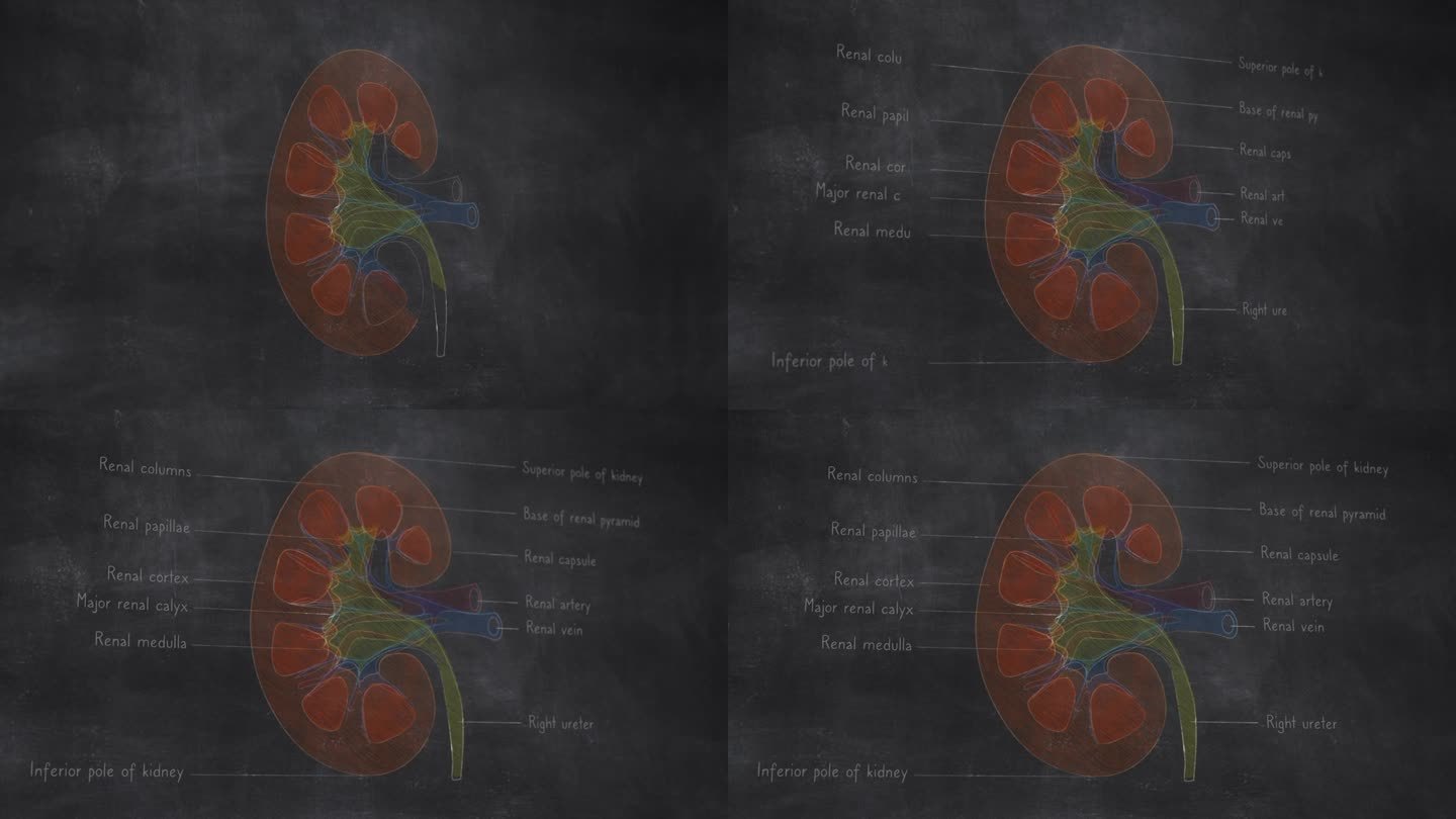 三维人体肾脏解剖手绘在黑板上