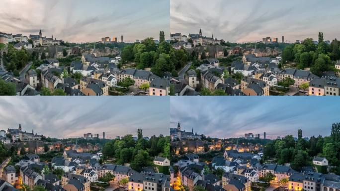 卢森堡大公国4K延时拍摄，历史悠久的卢森堡老城区阿尔泽特河沿岸的城市天际线日夜延时拍摄