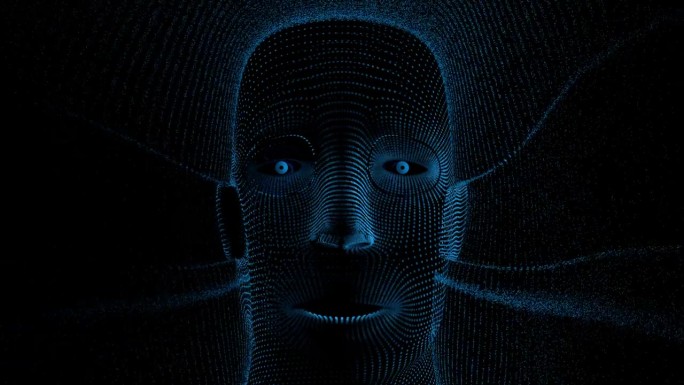 虚拟机器人头部由移动嘴唇的蓝点组成，并在黑色背景下排出蓝色粒子。三维动画