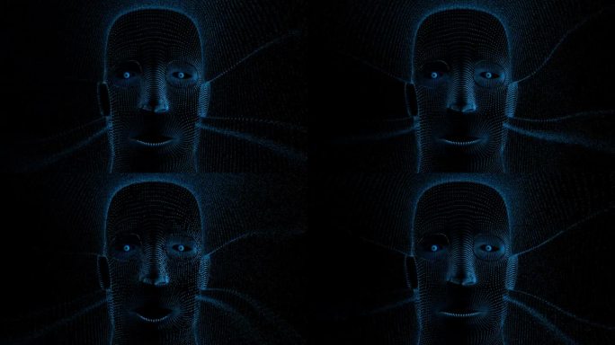 虚拟机器人头部由移动嘴唇的蓝点组成，并在黑色背景下排出蓝色粒子。三维动画