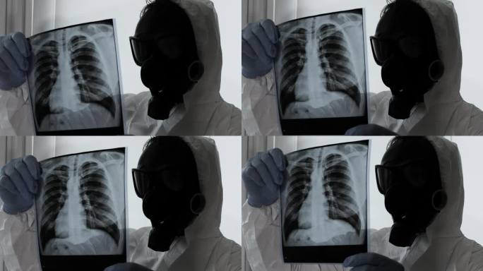 肺部受辐射影响，呼吸道受化学物质影响。一名工人戴着防毒面具，穿着化学工作服。肺结核，疾病分析检查。
