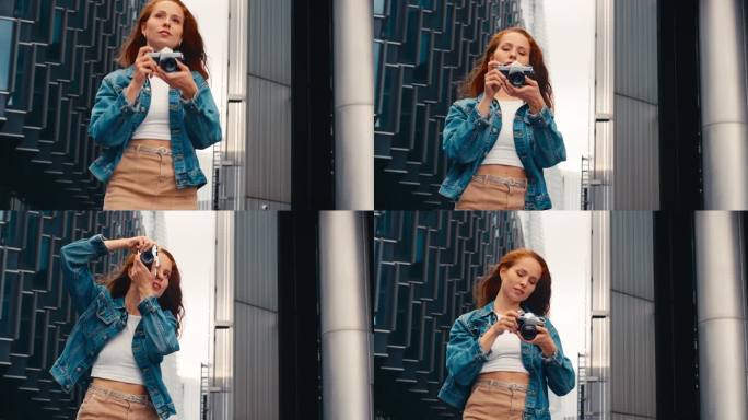 一名年轻女子在城市用数码相机拍照并发布到社交媒体上