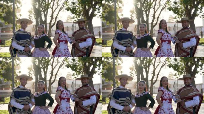 画像中，两对情侣身着传统花衣，随着广场上的花舞节奏翩翩起舞