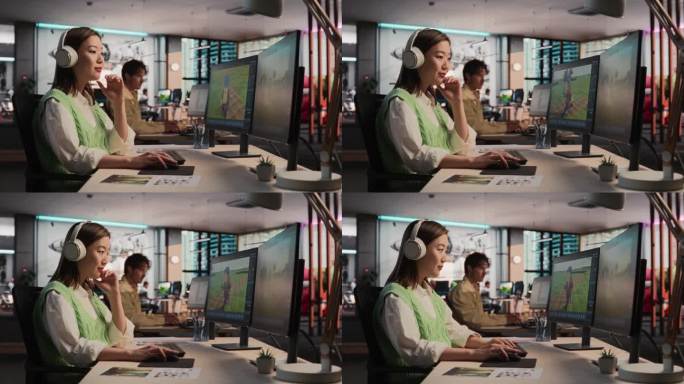 亚洲女性游戏设计师使用台式电脑，设计独特的世界和人物在三维建模软件的生存电子游戏。女性在不同游戏开发