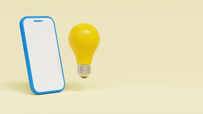 在线商业创意和灵感概念，灯泡和智能手机在黄色背景。成功的动力。想大点子。4K 3D循环动画