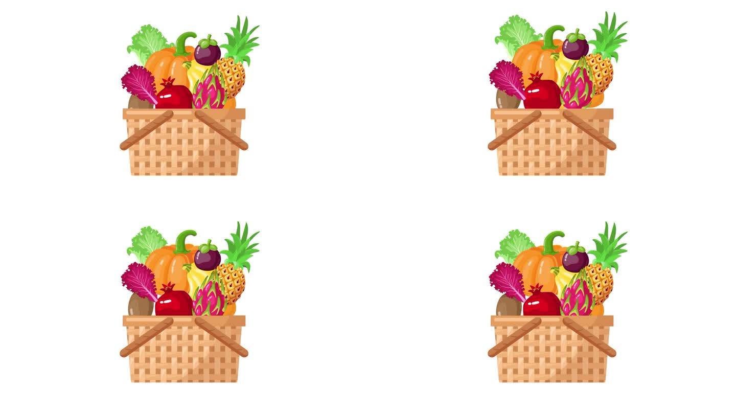 白色背景上的水果和蔬菜篮动画。食物木篮子。捐赠、购物及送餐概念