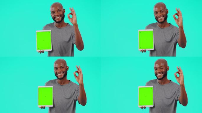好了，牌子，拿着平板电脑的黑人，蓝色背景是广告。产品植入或推广，营销或表情符号手和非洲男性在一个色度