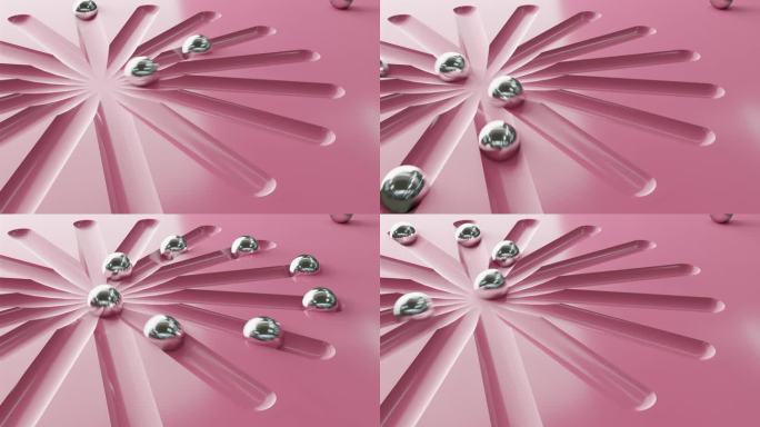 金属球在粉红色的塑料图案上滚动。3 d渲染。