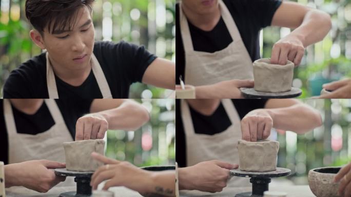 亚洲人在师傅的指导下制作陶罐