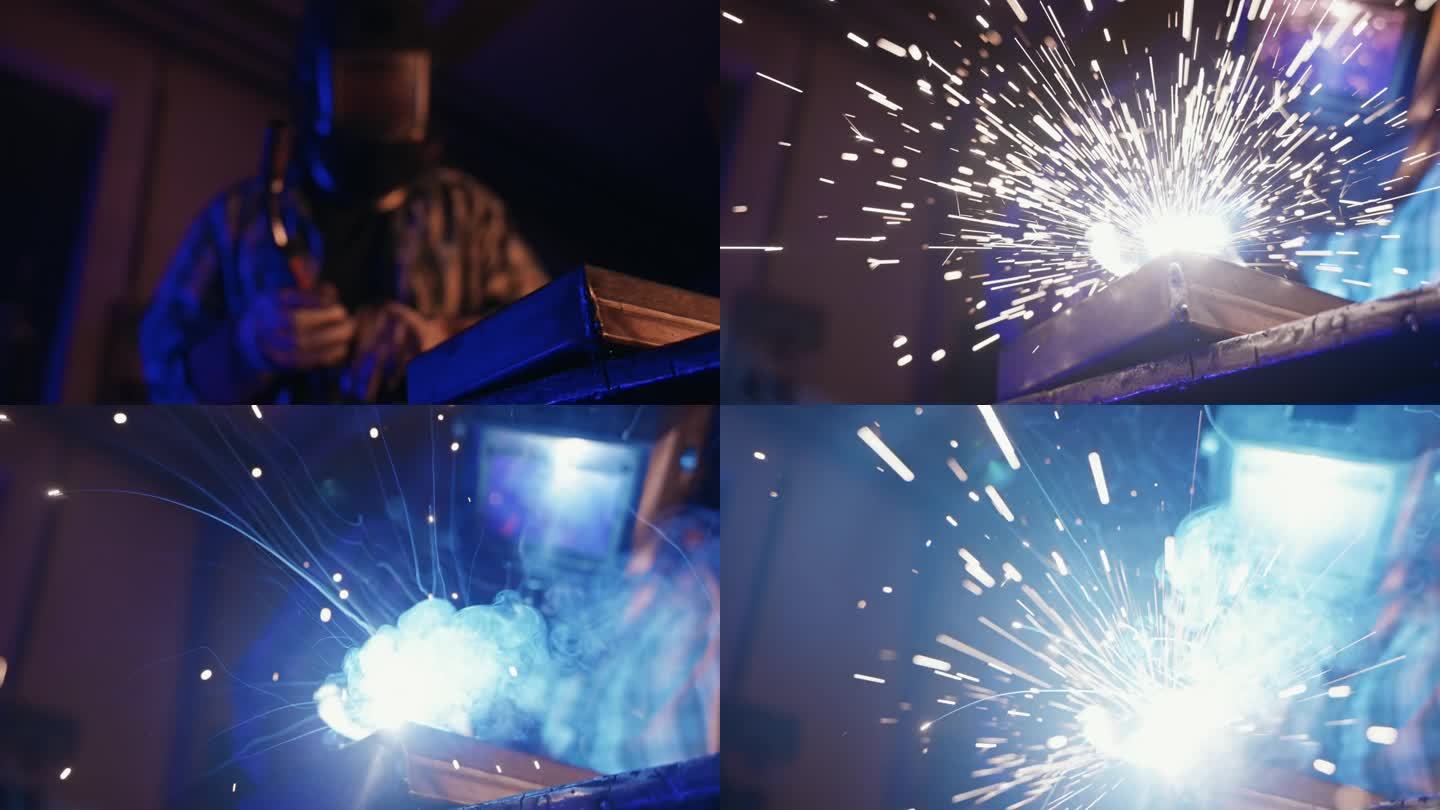在工厂里，男工人戴着焊接头盔在一块冒着火花的金属上工作