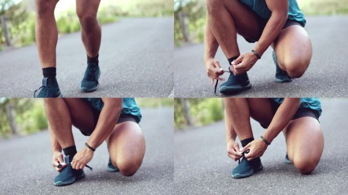 蕾丝鞋，人和手跑步锻炼，训练和表现在道路户外。运动员的特写，跑步者和绑在脚上的运动鞋，鞋类和运动，健