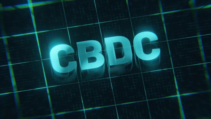 数字货币CBDC(中央银行数字货币)的3D循环动画，背景为复古未来主义，带有文本效果