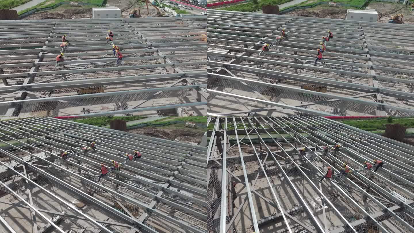 工人们正在搭建屋顶框架