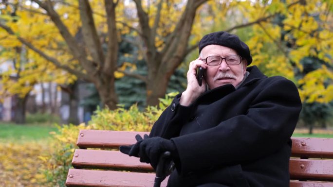 一位和蔼可亲的白发老人戴着眼镜，坐在公园的长椅上讲电话