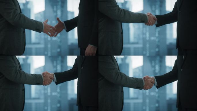 生意伙伴在办公室会议室达成有利可图的交易后握手。公司CEO和投资经理握手慢镜头。戏剧晚报编辑。