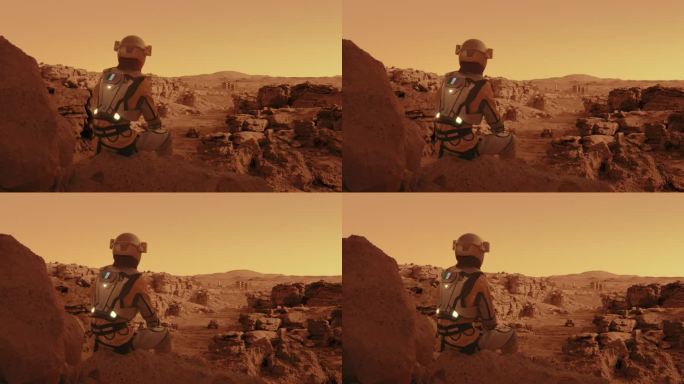 戴着意大利国旗的宇航员。独自坐在火星表面