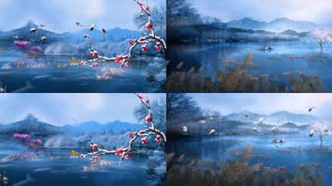 中国风舞台背景-冬日湖面候鸟