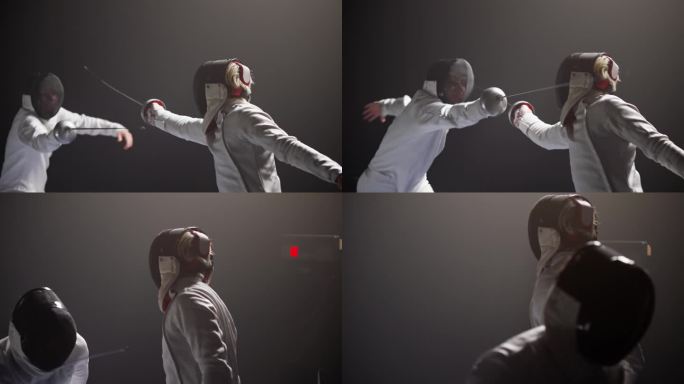 两名职业击剑手在战斗中发生冲突。在进攻中向前猛冲并击中对方