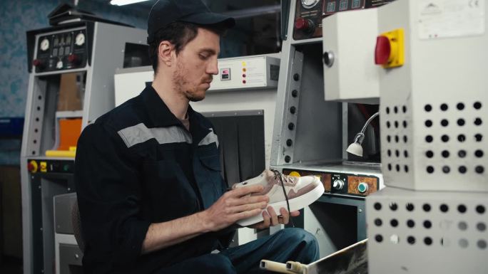 一个穿着蓝色制服的男人坐在制鞋机器上工作。工业生产鞋类和服装