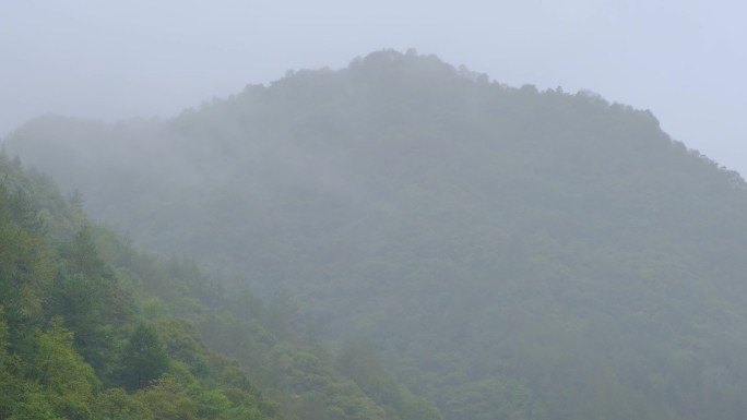 初秋雨中山脉云雾缭绕的绝美自然风光