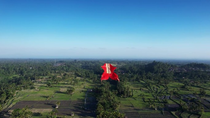 镜头动态地围绕着在绿色景观上翱翔的红色风筝旋转