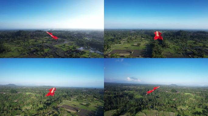 镜头动态地围绕着在绿色景观上翱翔的红色风筝旋转