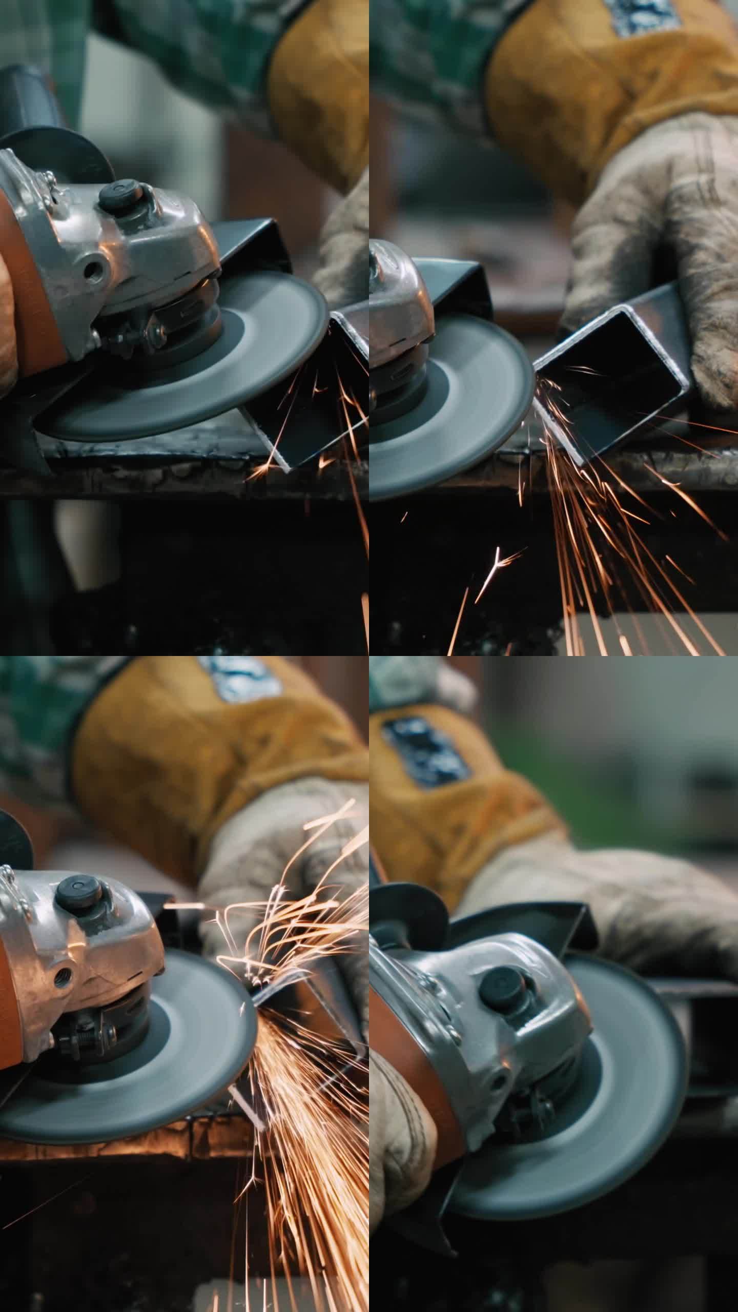 年轻的手工工人在工厂工作台上用角磨床磨平金属片的边缘-垂直